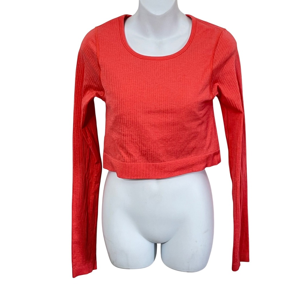 Lululemon Ebb to Street Long Sleeve Women Size 8 Orange Red Ribbed Crop